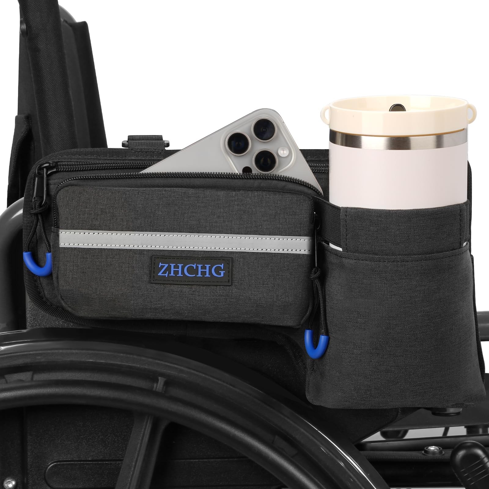 Upgraded Wheelchair Side Bag with Cup Holder, Wheelchair Armrest Pouch for Wa
