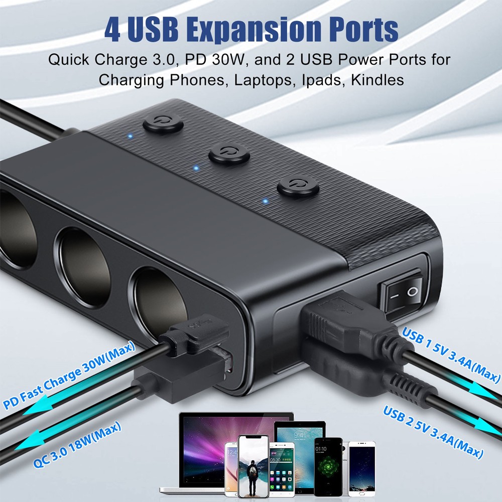 3 Way Car Cigarette Lighter Socket Splitter USB Fast Charger Power Adapter 12V
