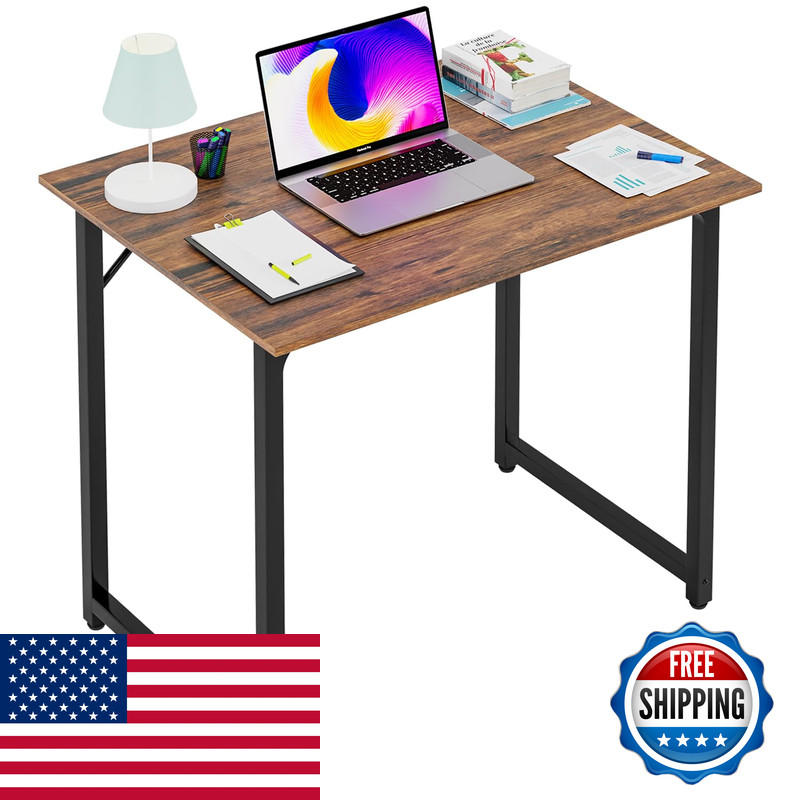 Paylesshere 32 Inch Computer Desk Brown Office Desk Metal Frame Adjustable Feet