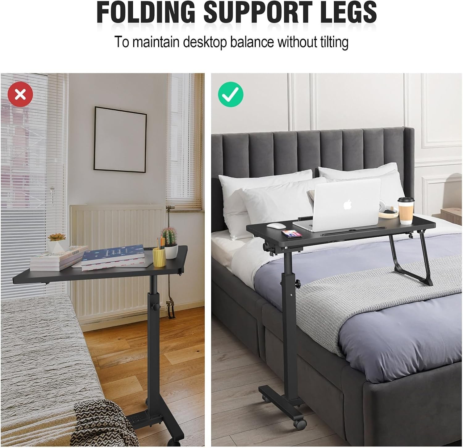 Adjustable overbed bedside table with wheels, rolling hospital laptop desk