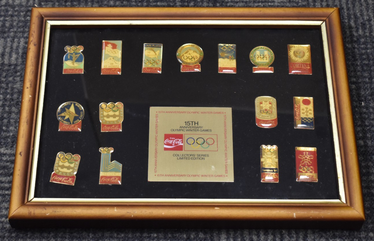 Coca Cola 15th Anniversary Olympic Winter Games Collectors Series Pin Set Framed