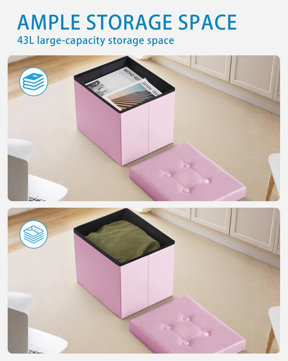 Storage Ottoman Foot Stool 17 Inch Folding Velvet Bench Side Pocket Pink New