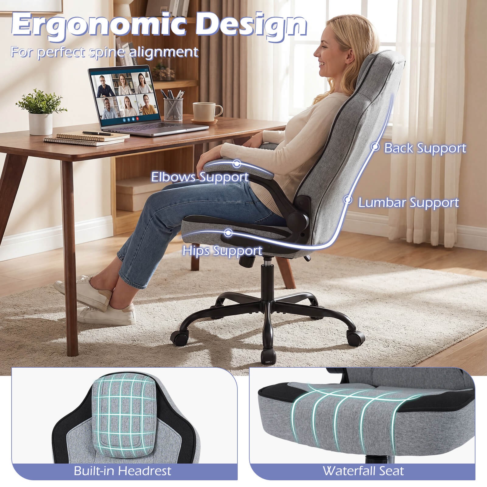 Office Chair w/90° Flip-up Armrests, Adjustable Height & Rocking Function,Wheels
