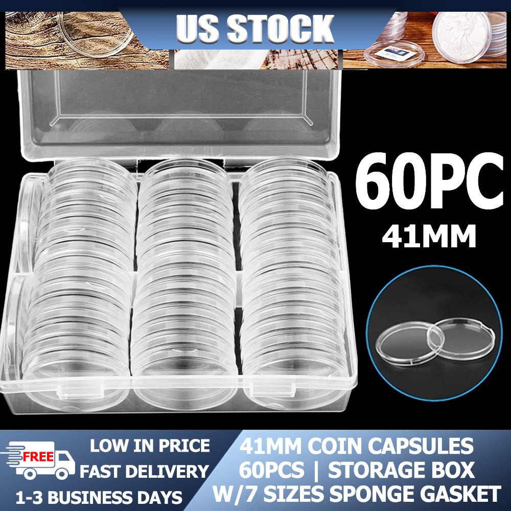60 Pcs 41mm Airtight Coin Capsules With 7 Sizes Sponge Gaskets Storage Box US
