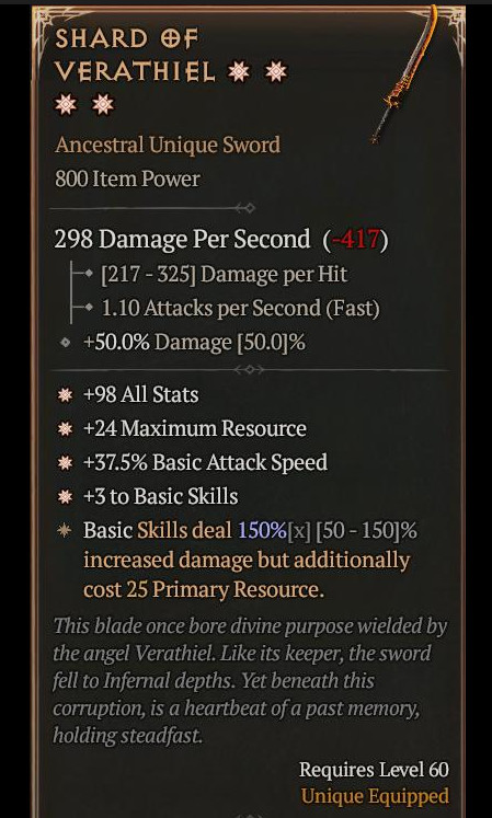 ☀️☀️☀️☀️DIABLO 4🔥SEASON 12🔥SHARD OF VERATHIEL SWORD🔥4GA - MAX ASPECT