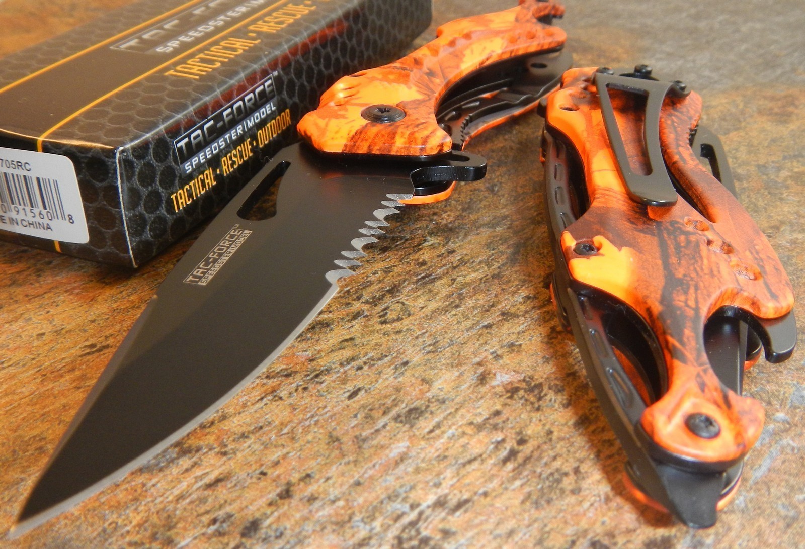 TAC-FORCE Spring Assisted Opening ORANGE CAMO Bottle Opener Glass Breaker Knife