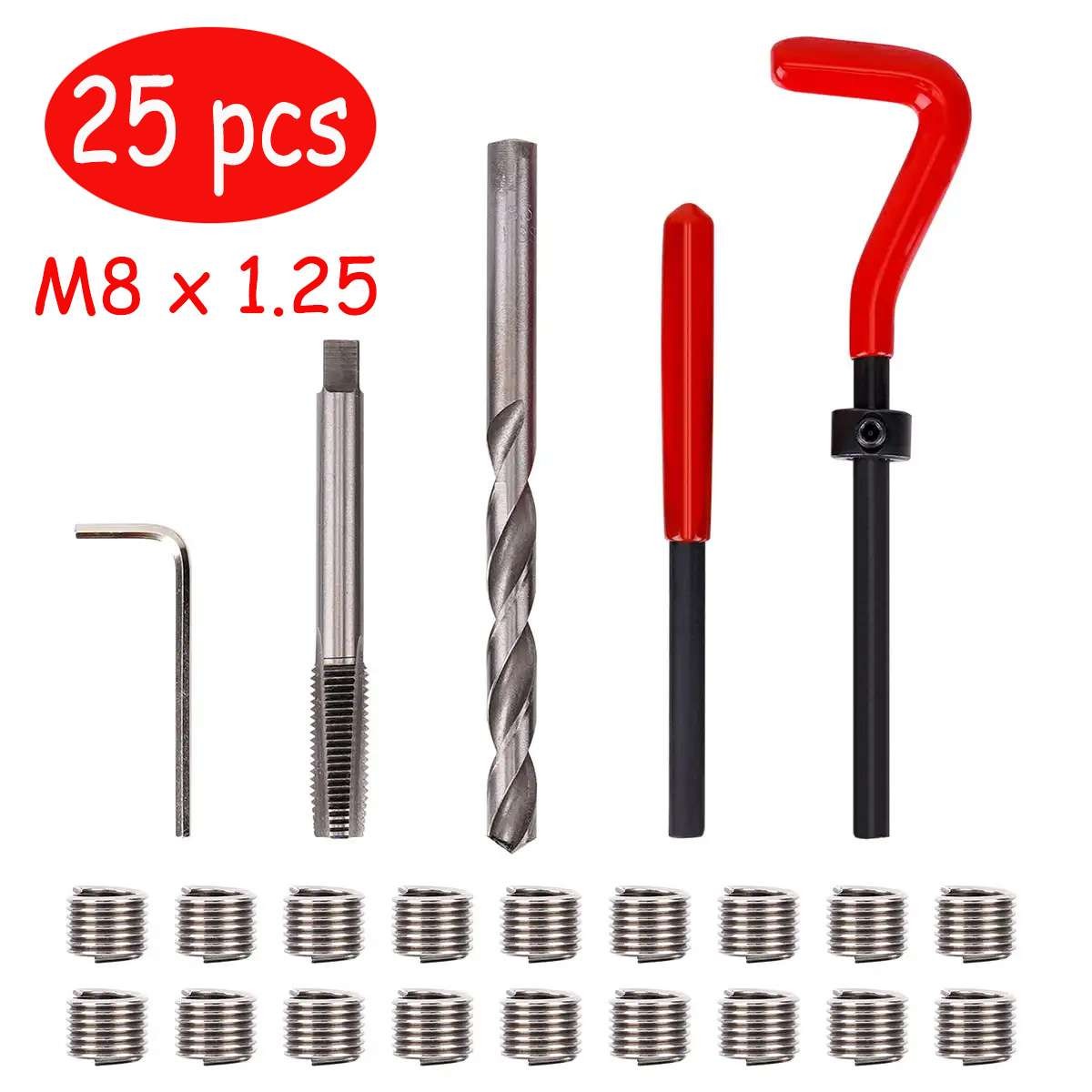 25PC Thread Repair Tool M8 x 1.25 Stainless Helicoil Wire Insert Kit new