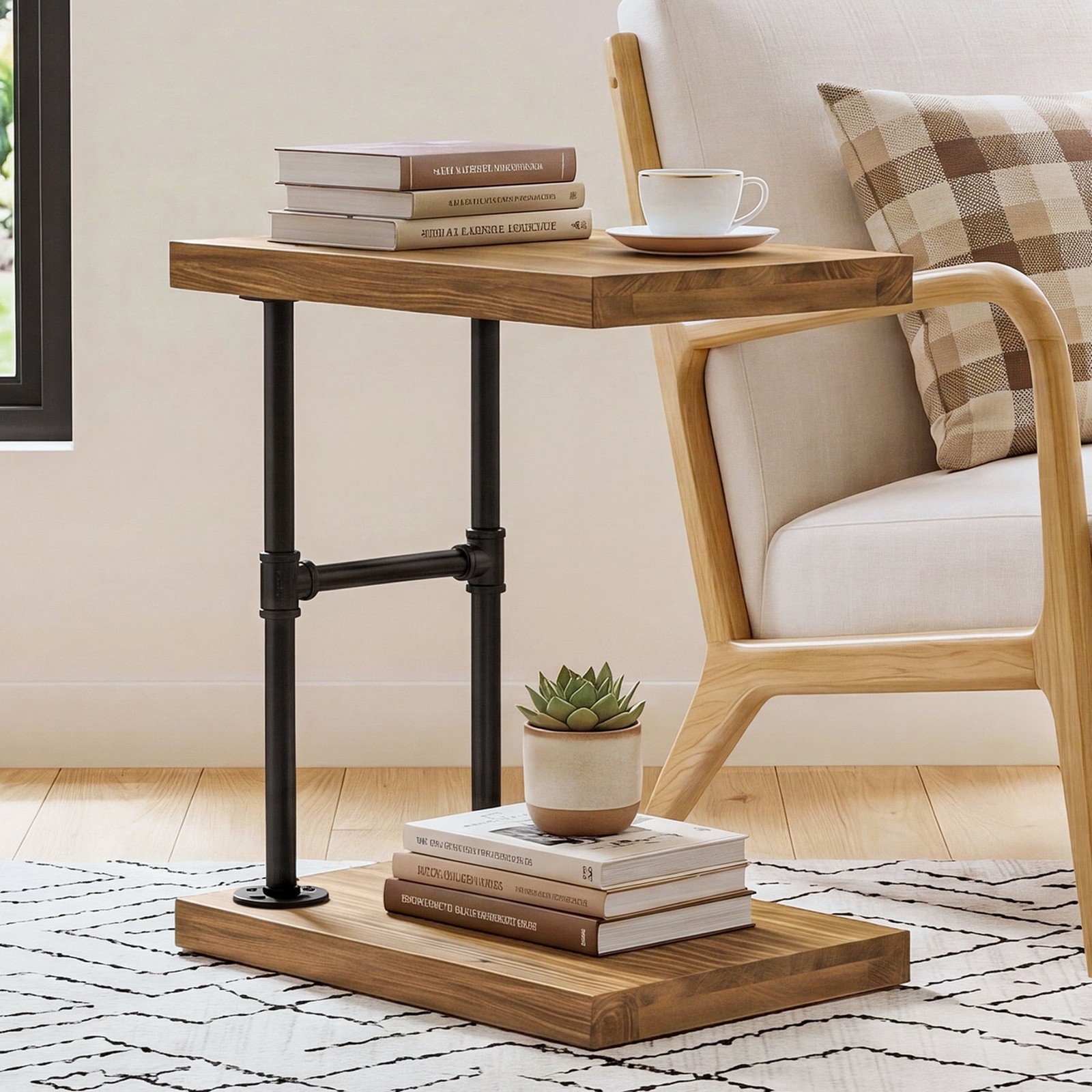 C-Shaped Solid Wood End Table, Industrial Side Table with Shelf for Living Room