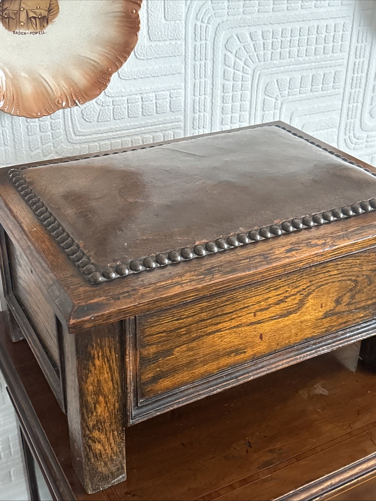 Lovely Antique Oak Storage Footstool With Leather Top