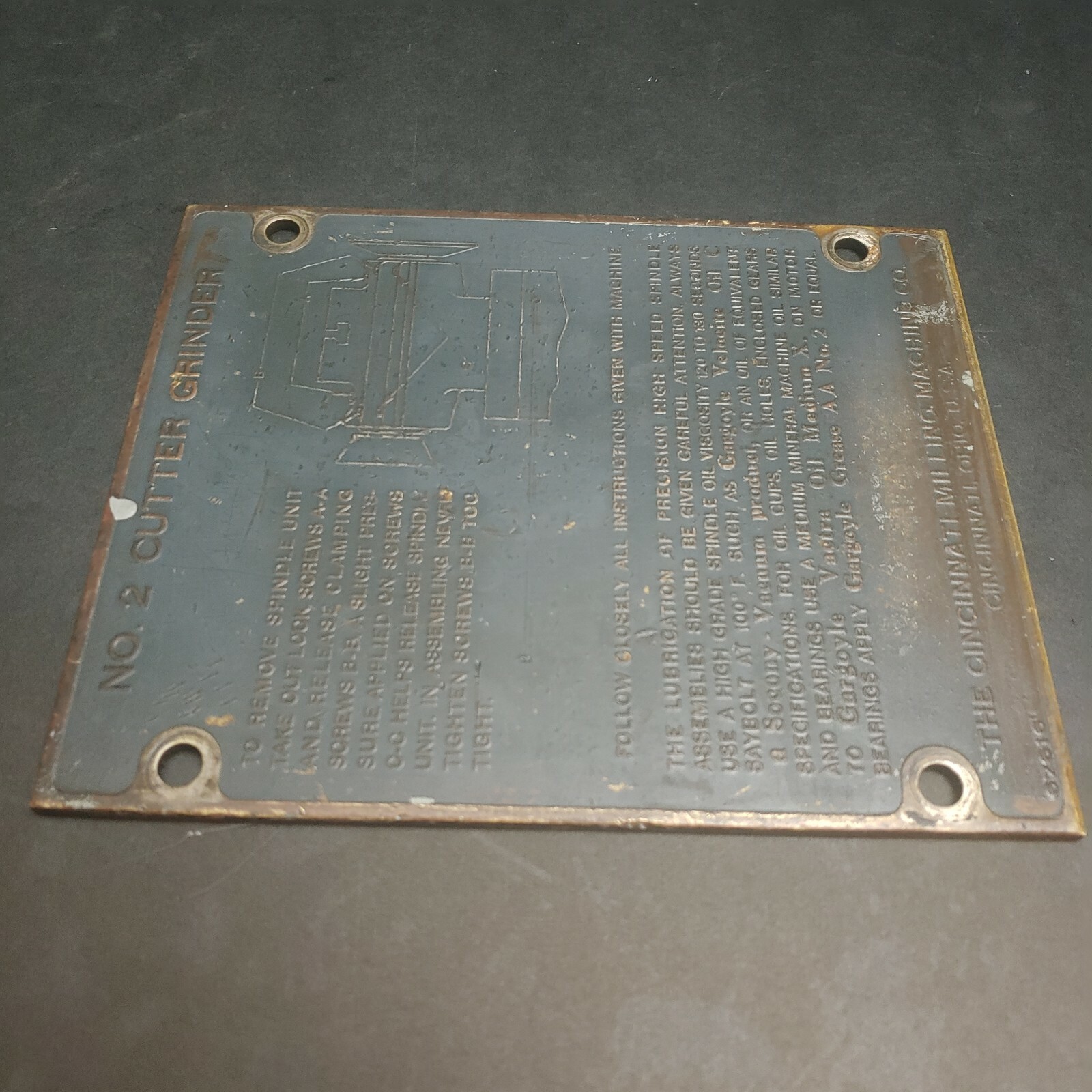 Cincinnati No. 2 Tool & Cutter Grinder Spindle Badge Plate 1/8 Vintage Machinist