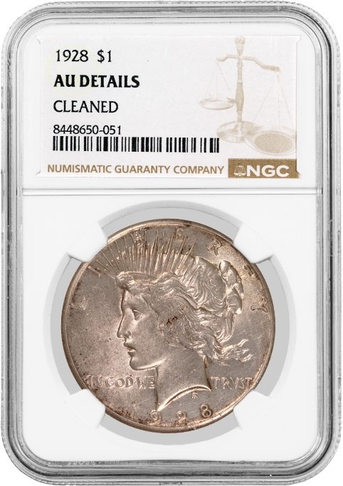 1928 $1 Silver Peace Dollar NGC AU Details Cleaned Key Date Coin