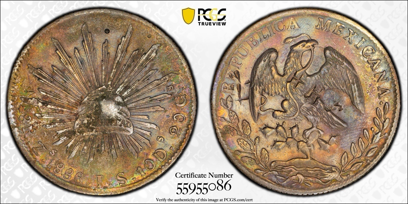 1886 Zs Mexico 8 Reales PCGS AU Chop Mark Second Republic RAINBOW TONED