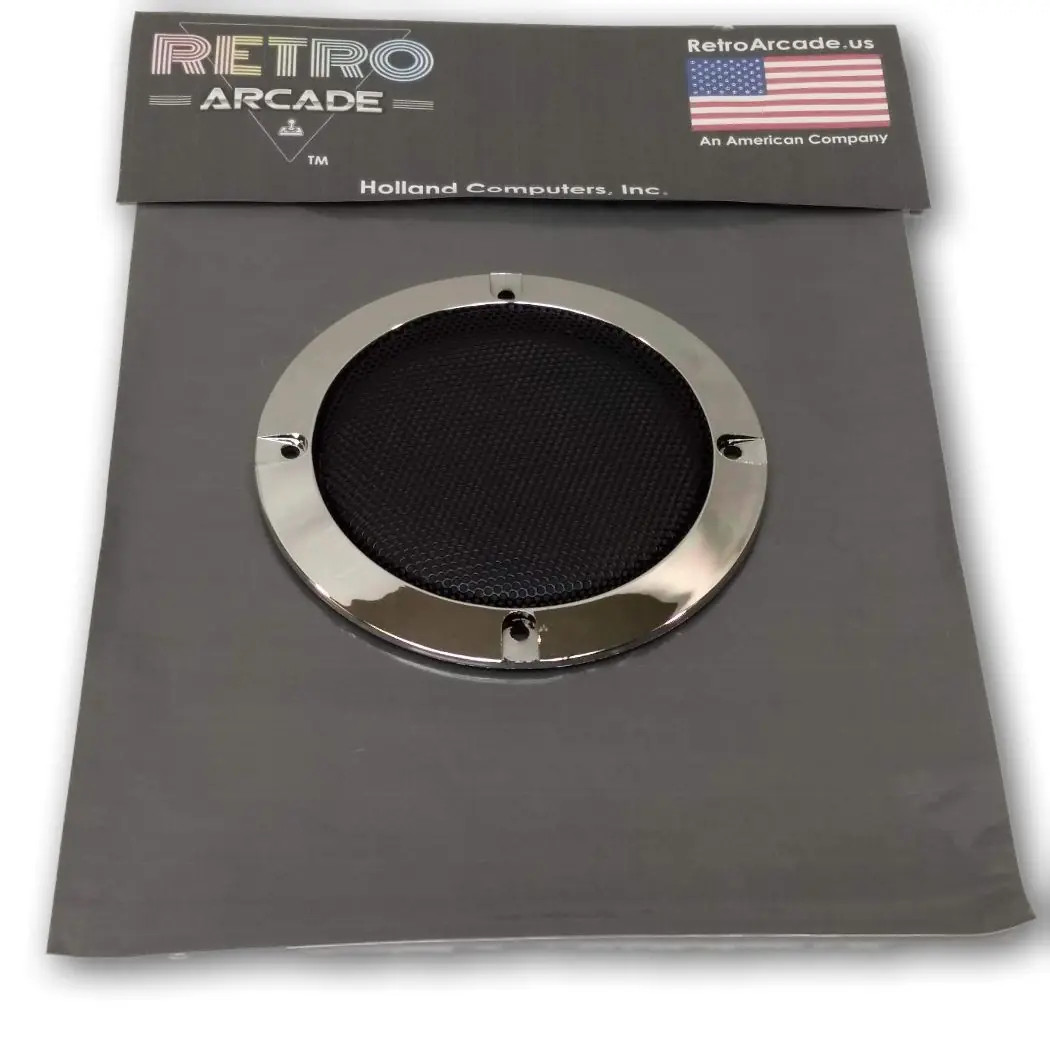 Round Speaker Net, black metal net w/ plastic chrome edge, Fits 4 Inch speakers