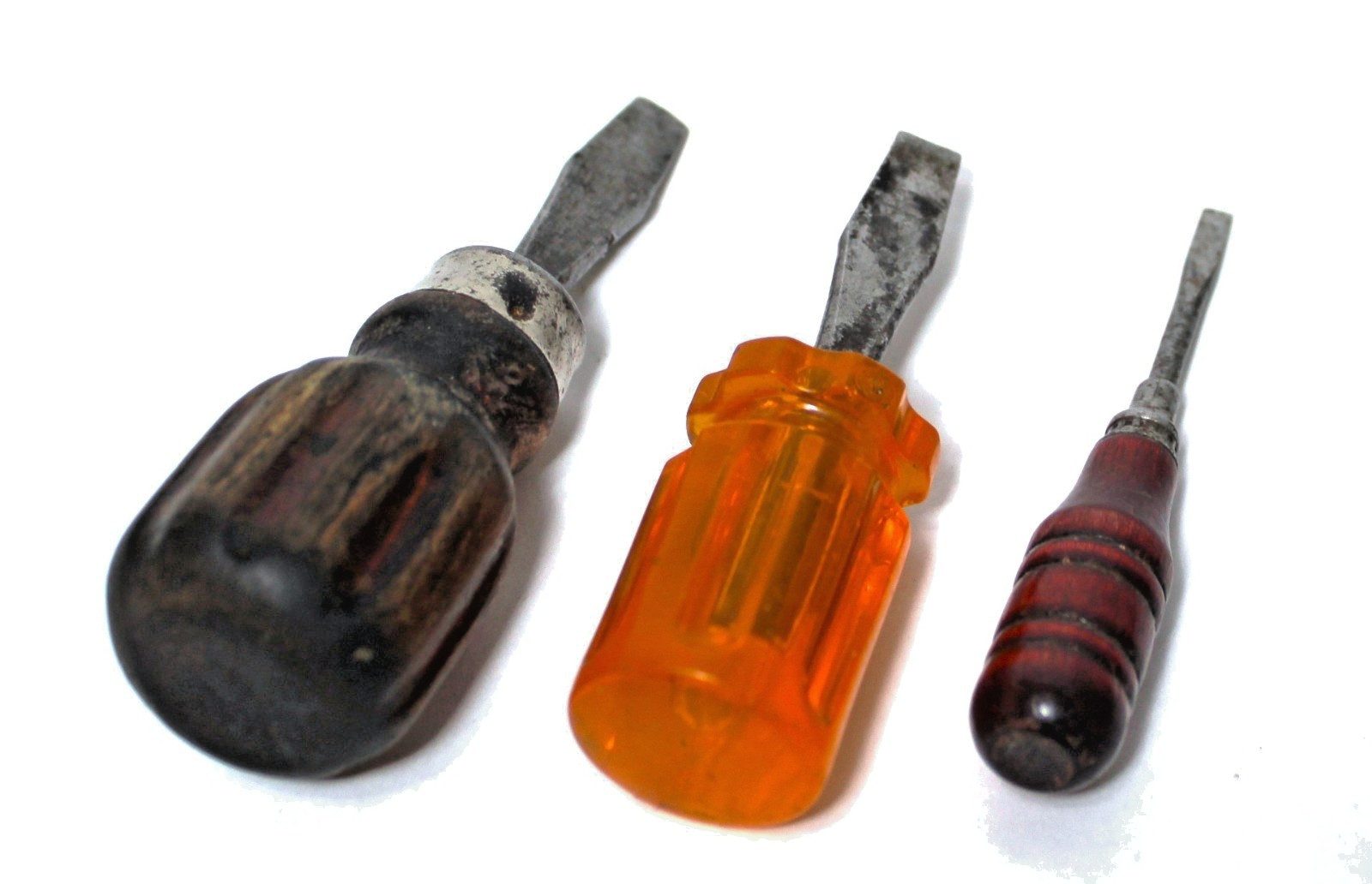Vintage Screwdrivers Small Flat Blade Wood & Acrylic Handles Set 3