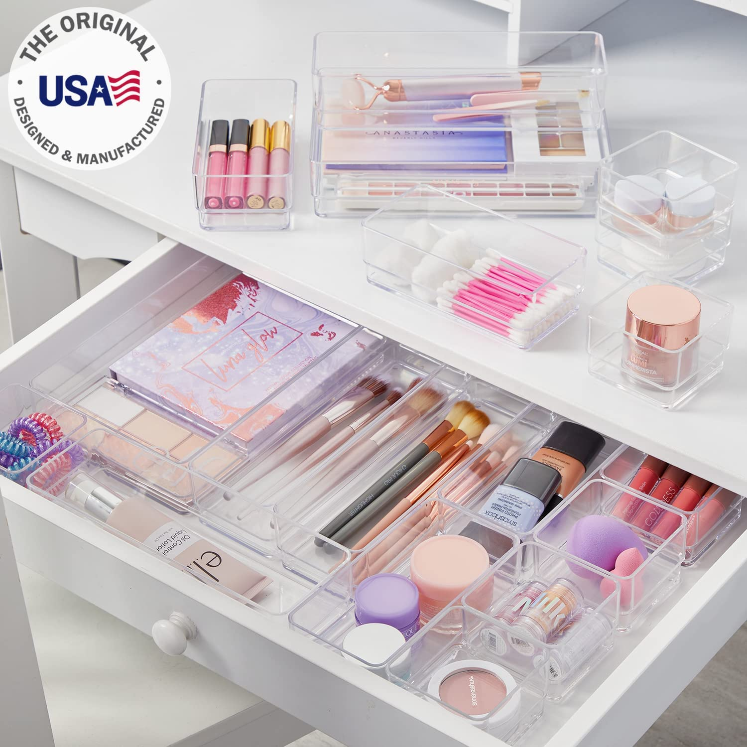 Simplesort 18-Piece Stackable Clear Drawer Organizer Set | Multi-Size Trays | Ma