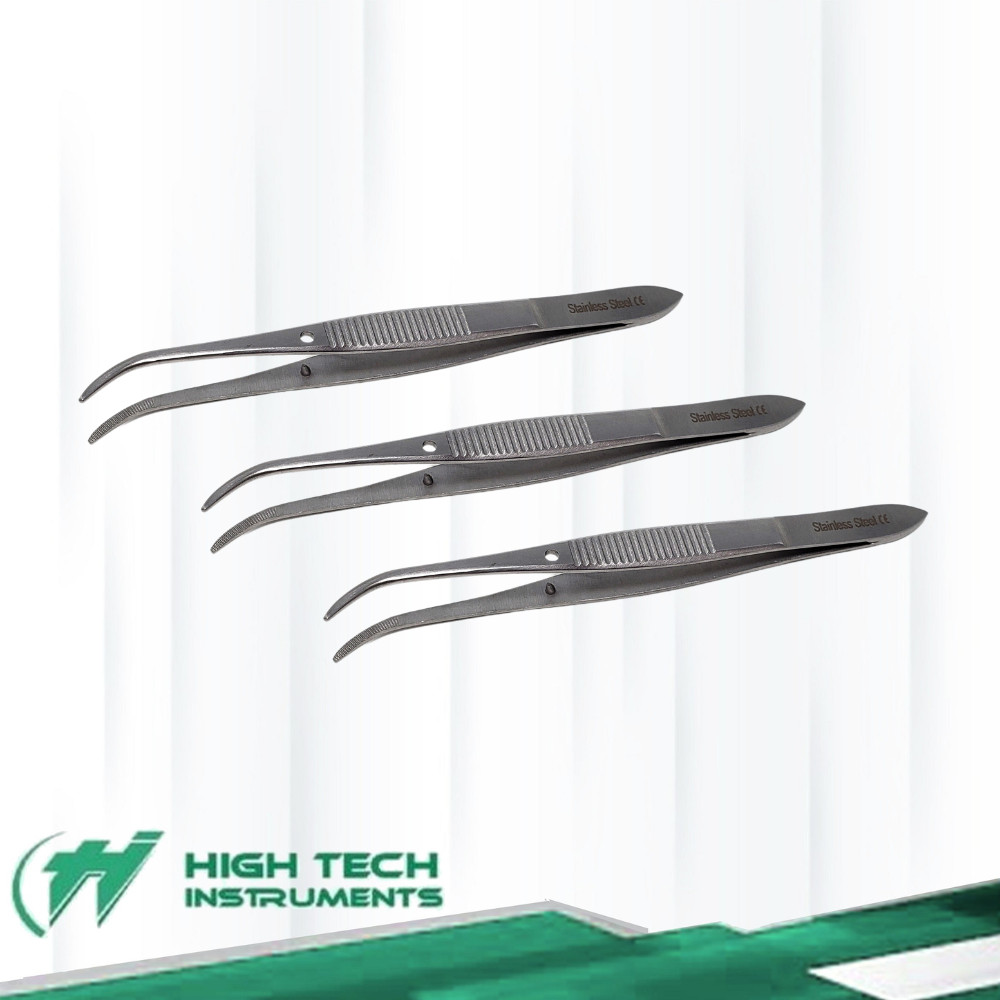 3 Pcs HALF CURVED IRIS EYE DRESSING SERRATED FORCEPS 4" SURGICAL INSTRUMENTS CE