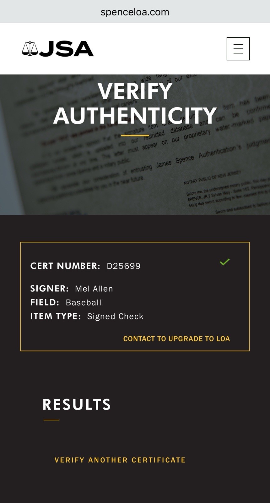 YANKEE LEGEND BROADCASTER Mel Allen Signed Auto Check JSA Beckett BAS