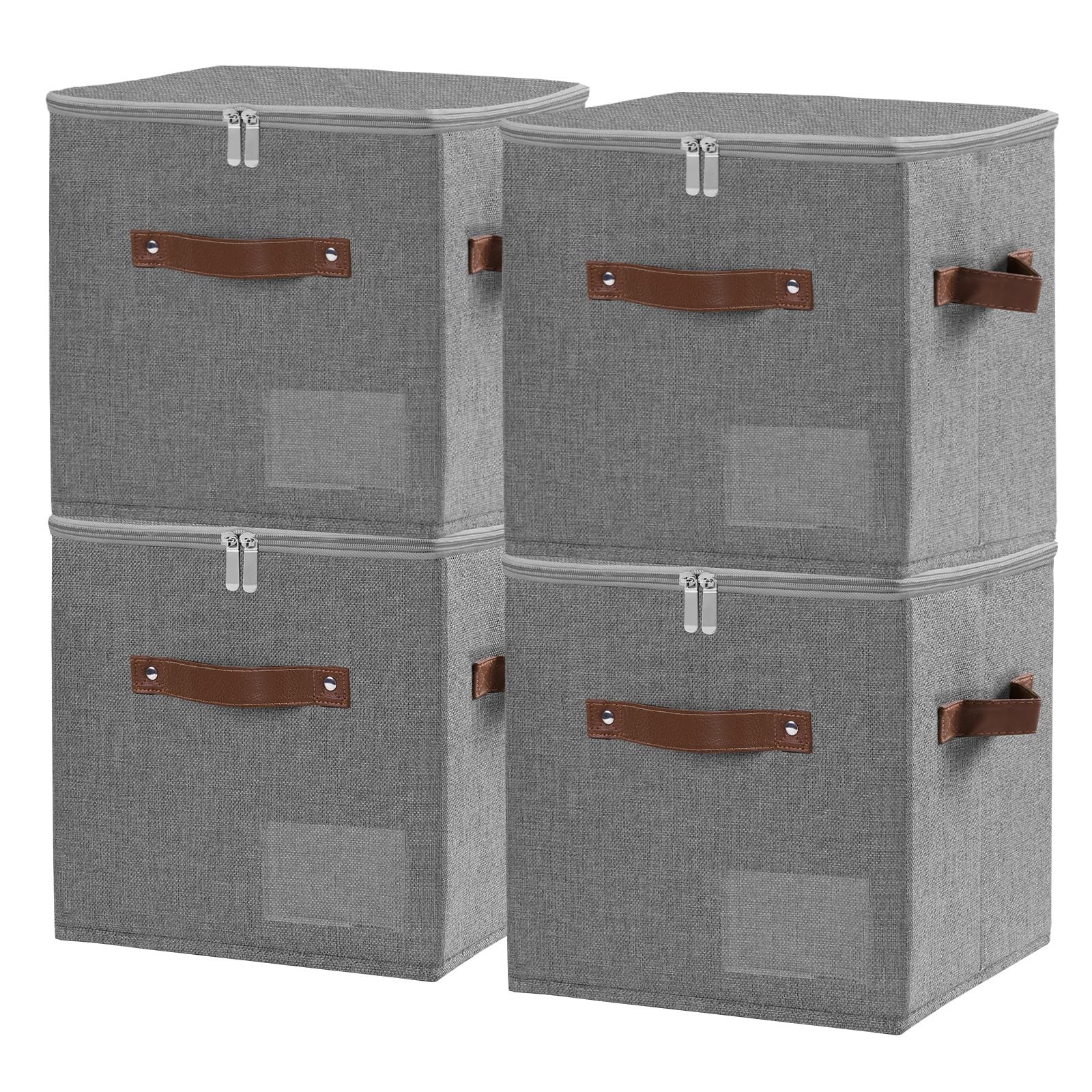 Storage Cubes with Zipper Lid, 11x11x11in Fabric Set of 4 (11 in), Grey