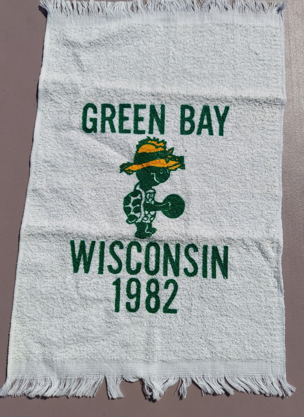 Vintage 1982 Green Bay Wisconsin Cute Turtle Bowling Fringed Towel 11"x17"
