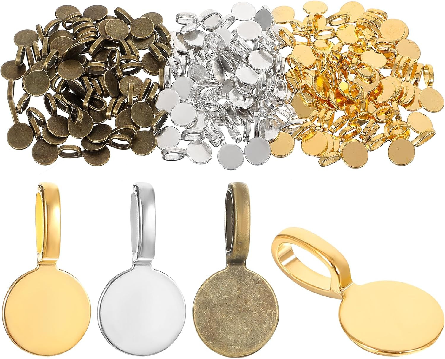 150Pcs Glue-On Bails for Jewelry Making - Gold, Silver, Bronze
