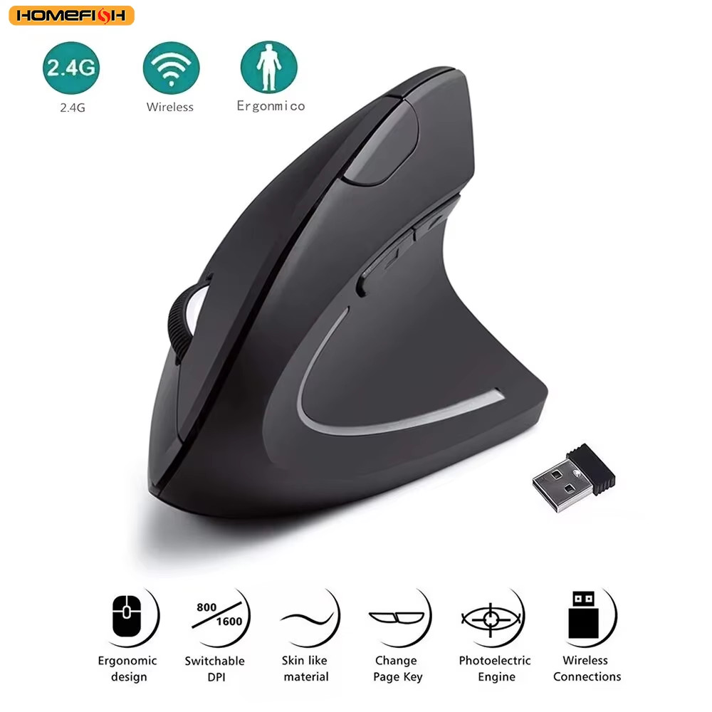 Ergonomic Mouse Optical Vertical Mice 6 Keys USB Wireless 2.4GHz 1200DPI For PC