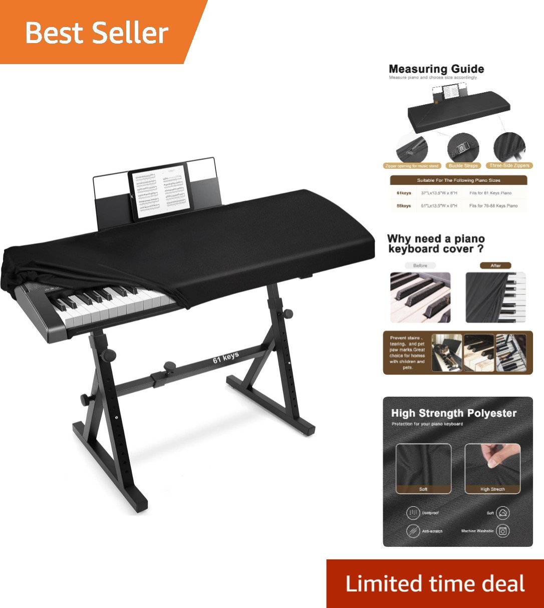 Piano Keyboard Cover for 61 Keys with Adjustable Straps - Ideal Dust Shield