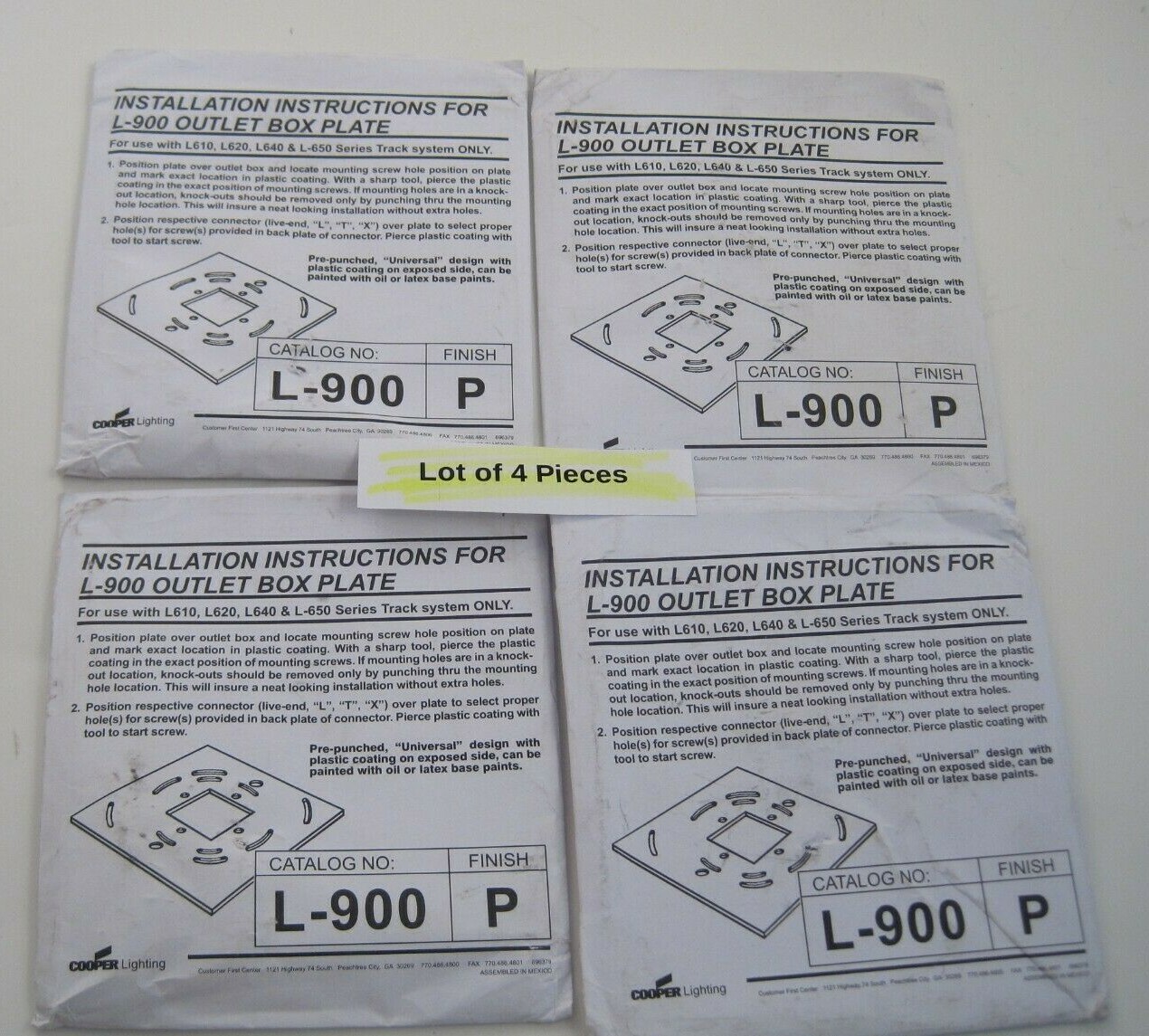(Qty 4) COOPER HALO L-900 Outlet Box Plates (L610, L620, L640 & L-650 L Track)