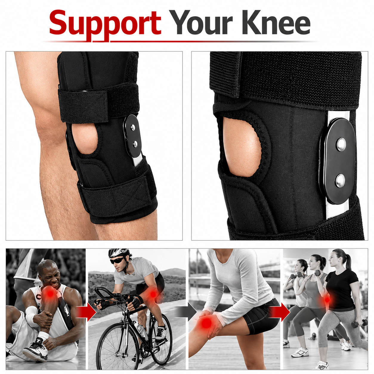 Knee Brace Compression Sleeve Hinged Joint Support Open Patella Stabilizer Wrap