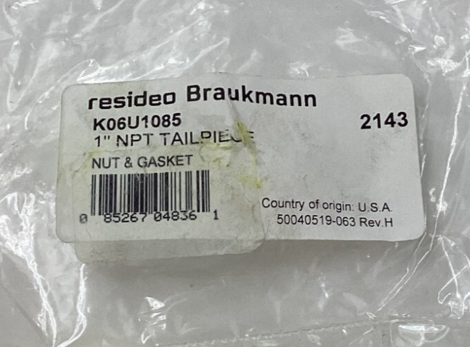RESIDEO BRAUKMANN K06U1085 1" Union Threaded Tail Piece Nut Gasket for D05