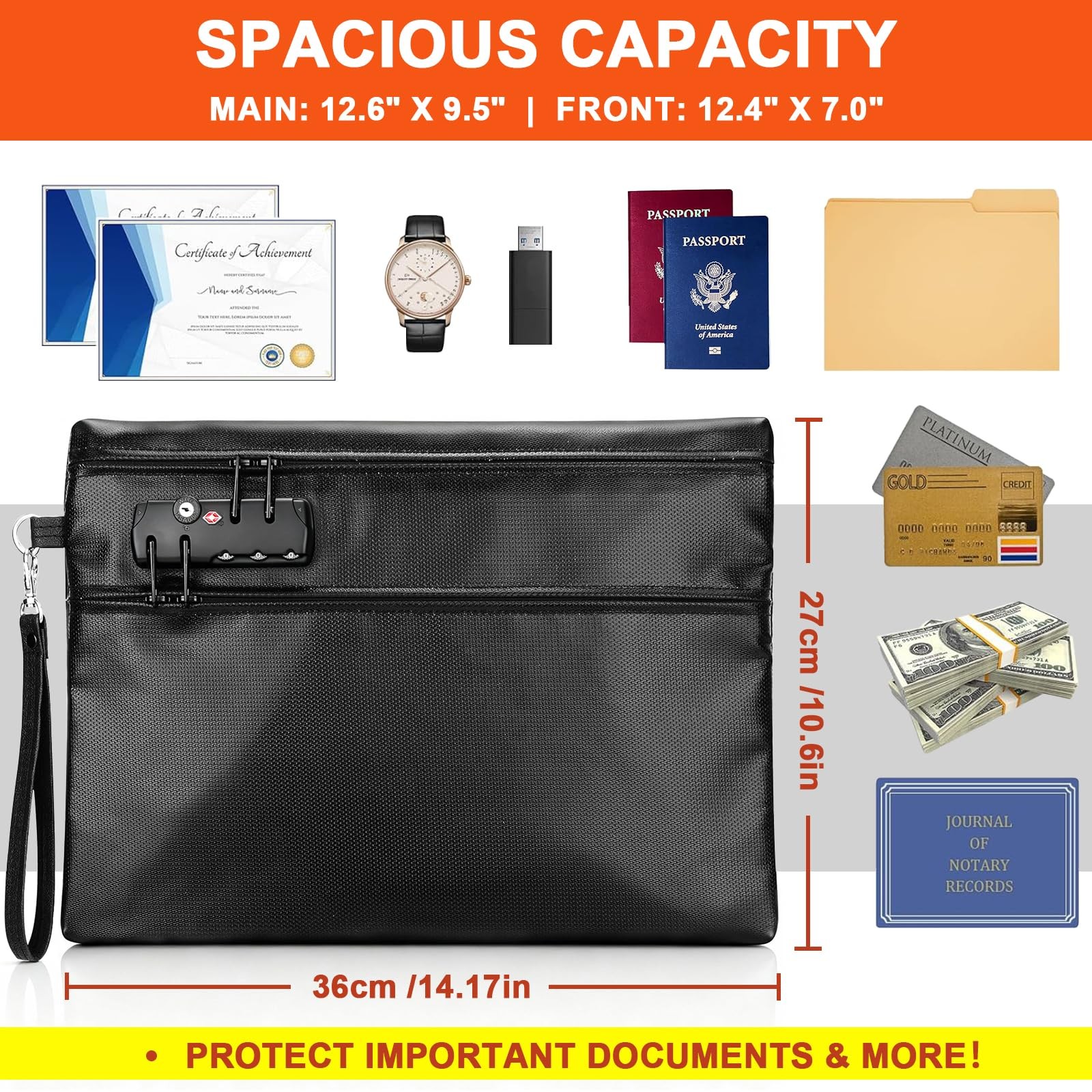 6400F Fireproof Document Bag with Combination Lock - Heat Resistant Money for