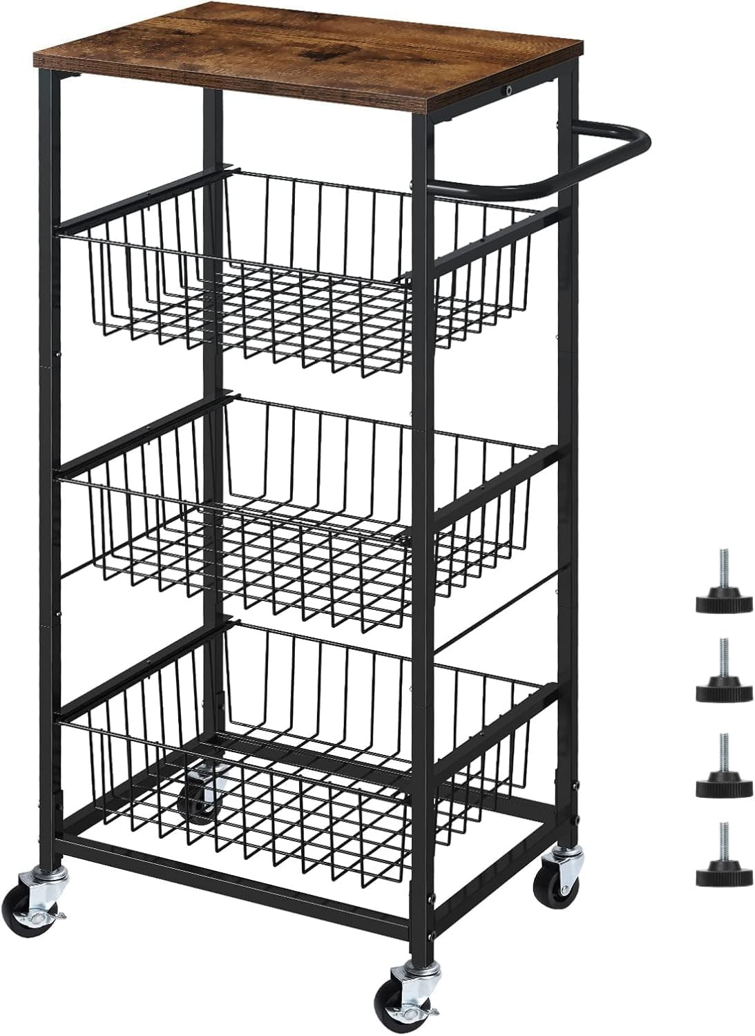 4 Tier Kitchen Storage Cart, Snack Rack Cart with Pull-Out Fruit Baskets, Mobile