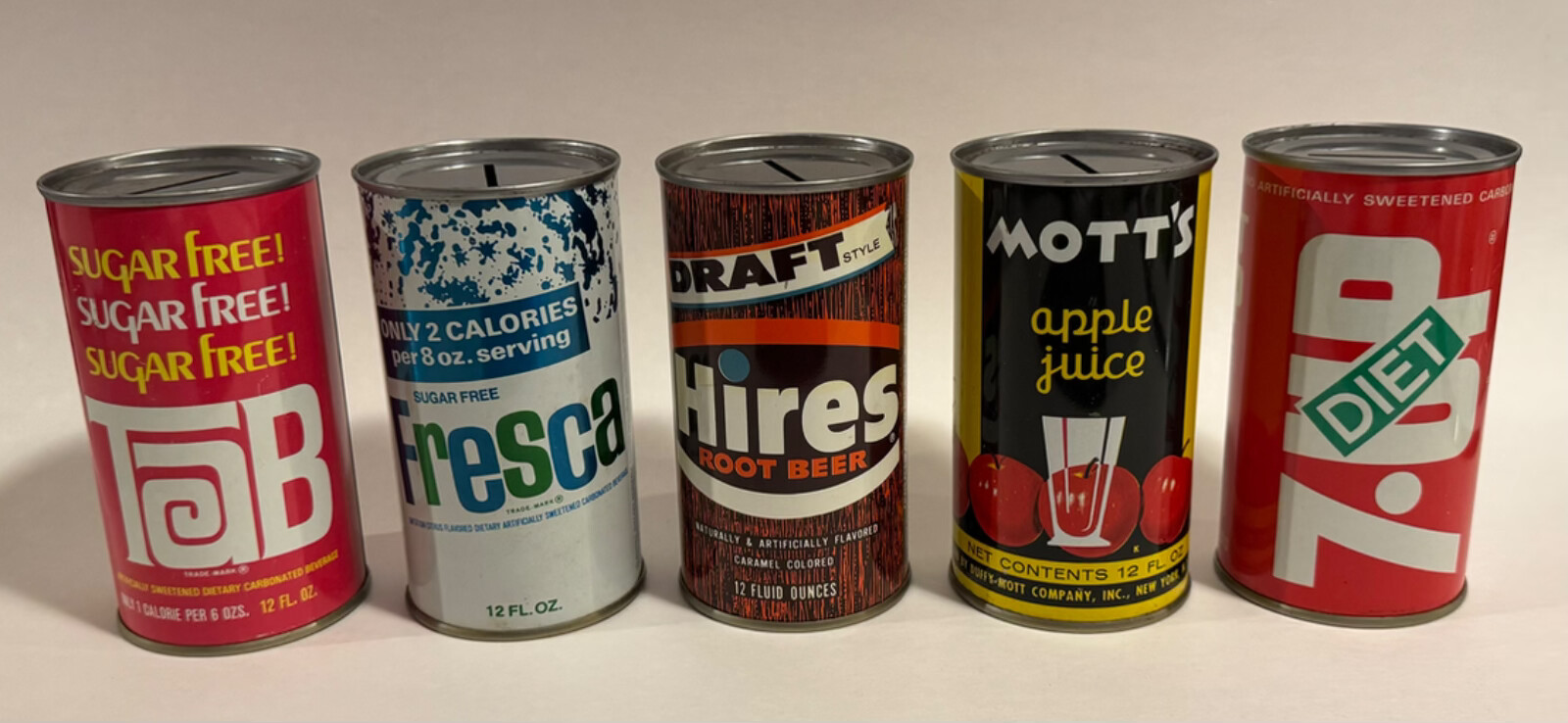 Vintage Drinking Cans Advertising Banks Lot Of 5 Mott's, 7UP, Tab, Hires, Fresca