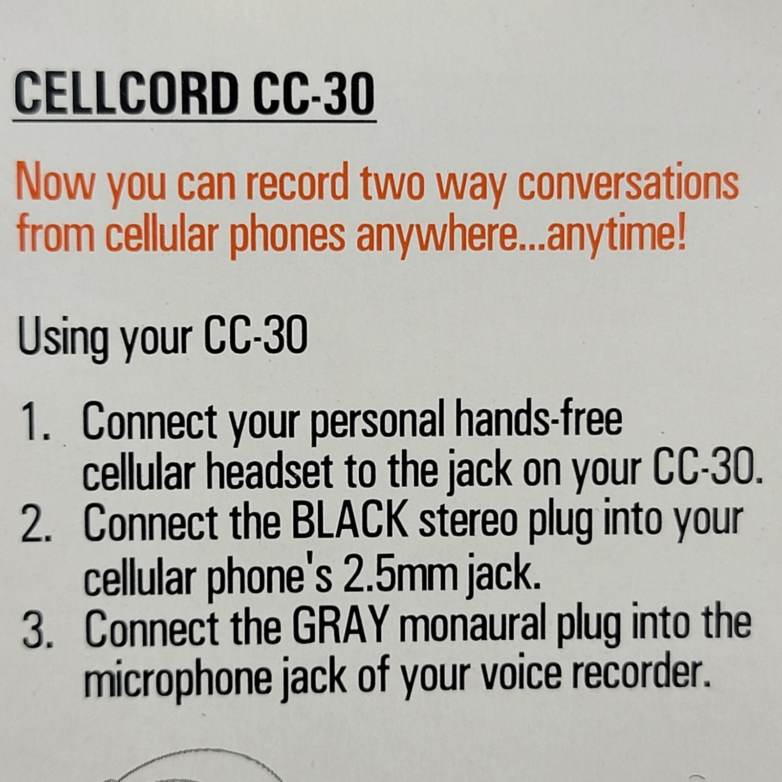 VEC CELLCORD CC-30 3.5MM CELLULAR HEADSET RECORD Portable recording ADAPTER