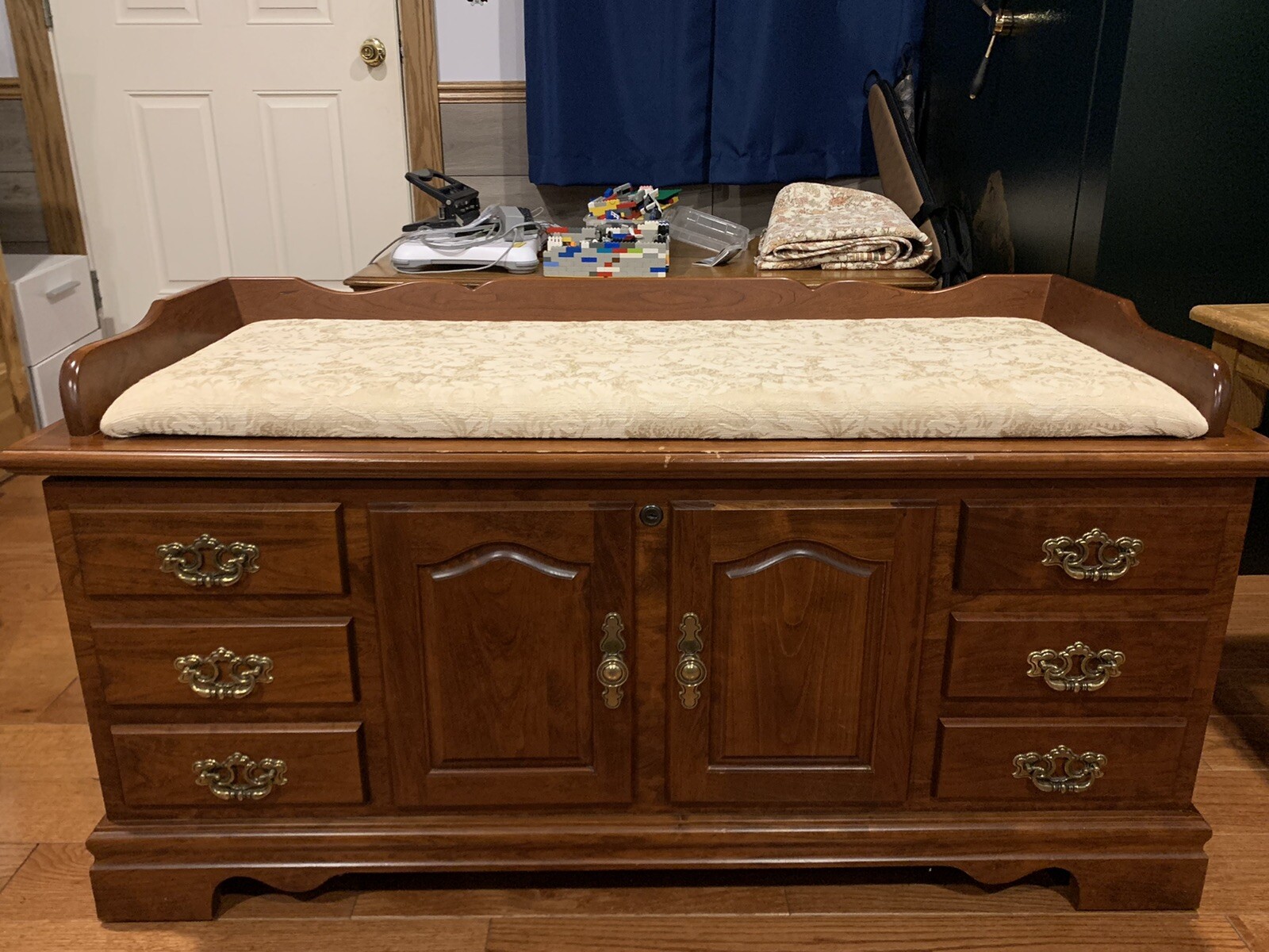 Cherry Wood Fancy Front Hope Chest w/ Seat Rail & Cushion (Amish Handcrafted)