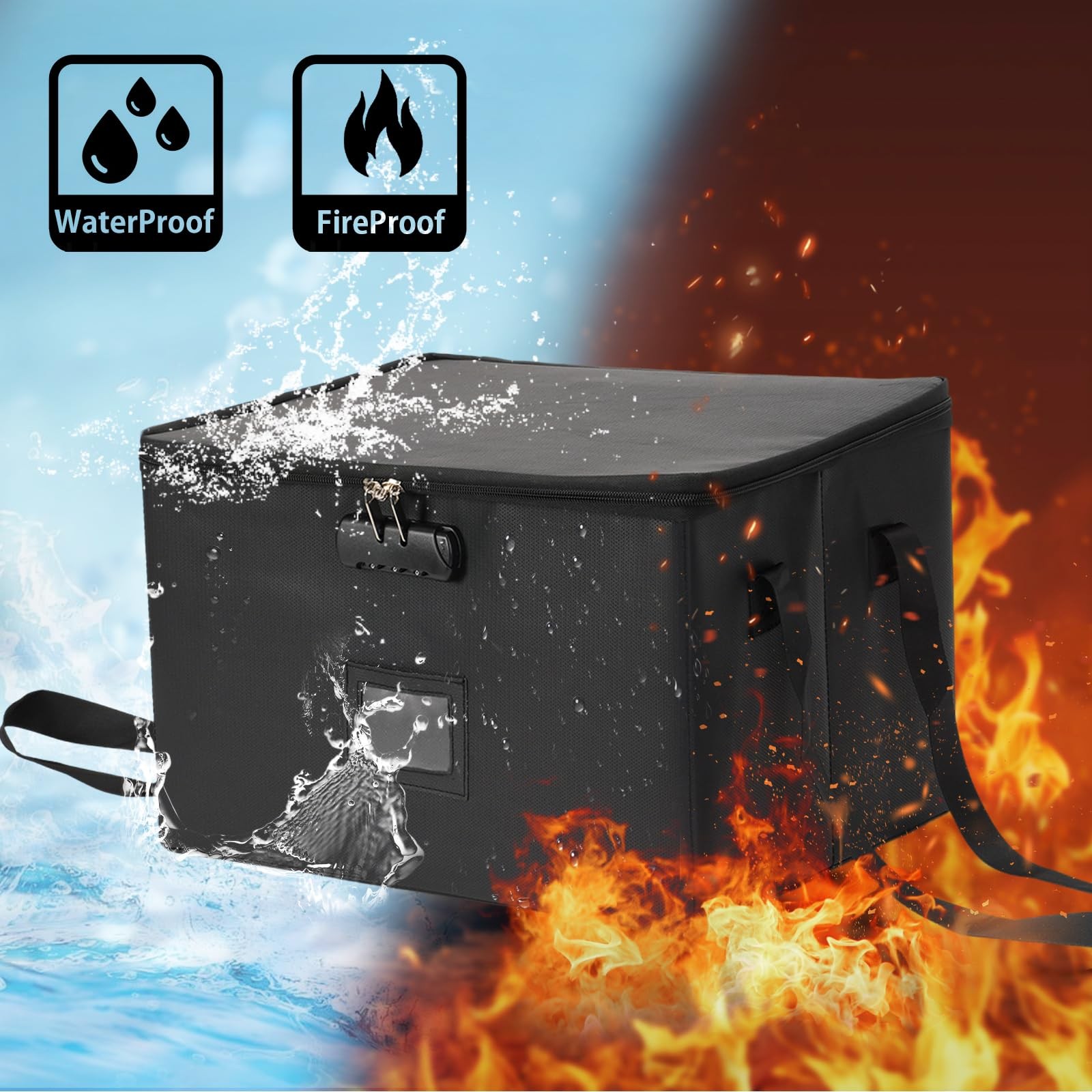 Fireproof Waterproof Document Box Lock File Organizer Lid Collapsible Storage