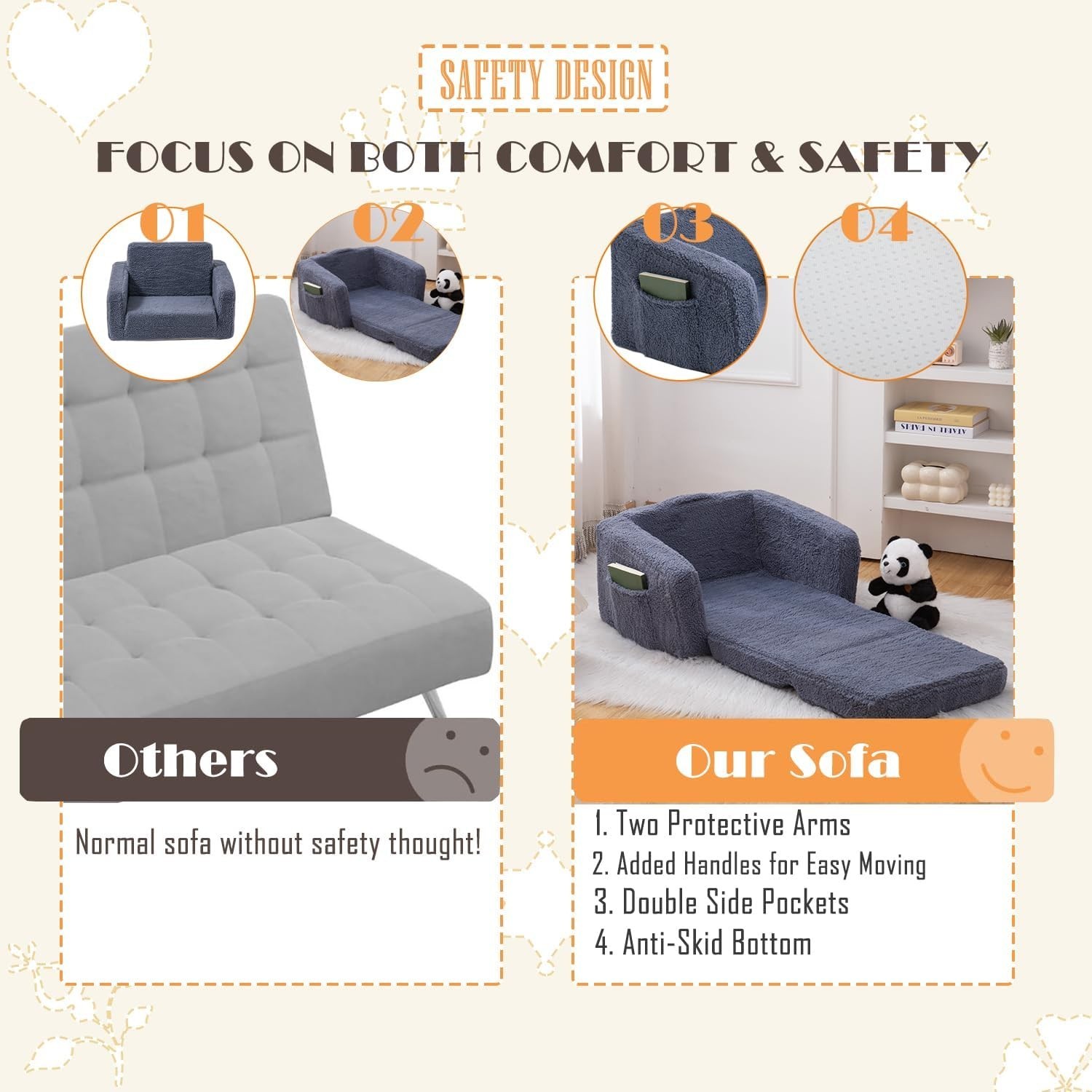 Toddler Baby Chair Couch Sofa Kids Foldable 2-in-1 Sherpa Fold Out Couch Todd...