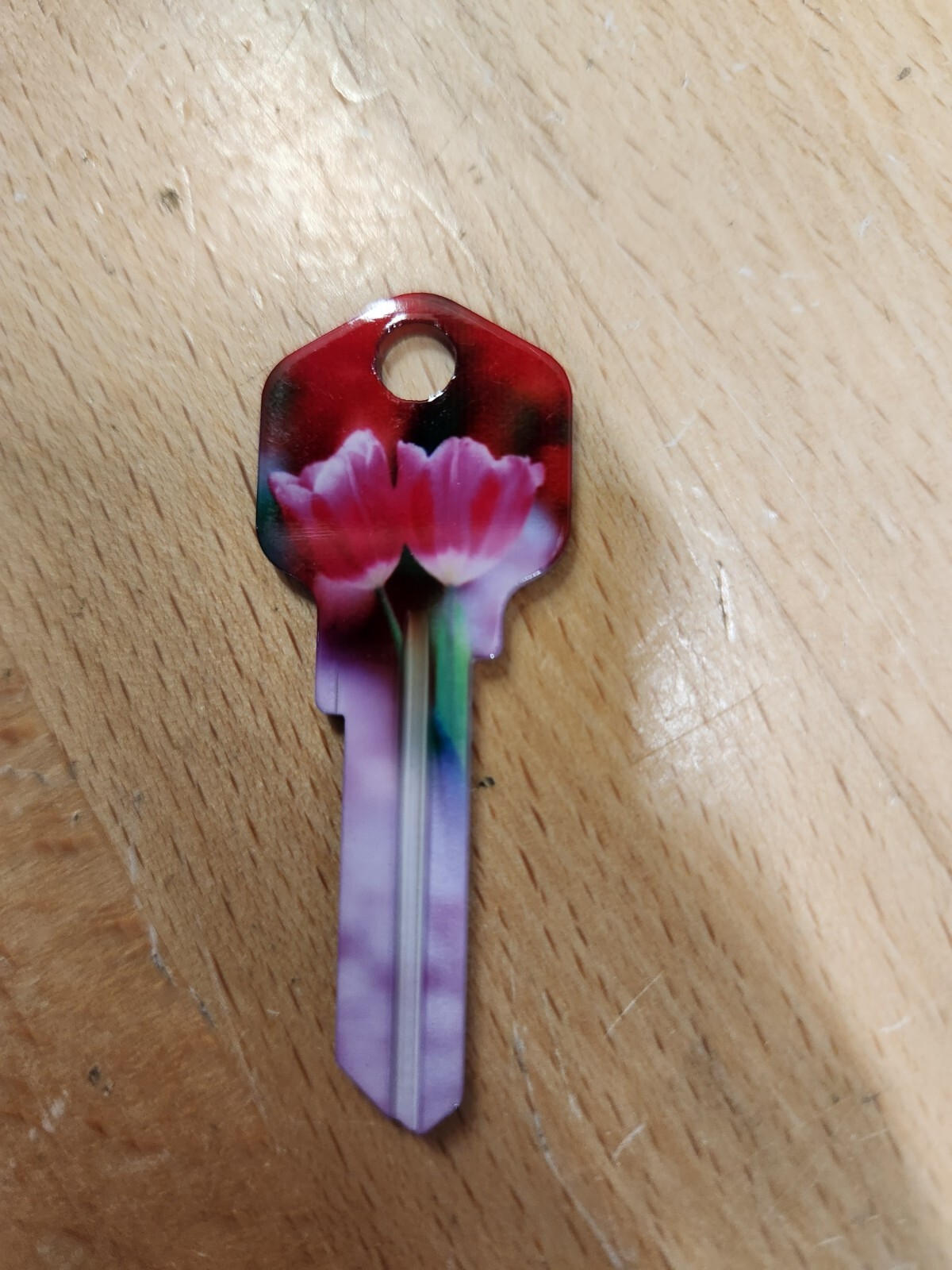 PINK TULIPS PRINTED KWIKSET KW1/KW10 KEYBLANK - READ DETAILS BELOW