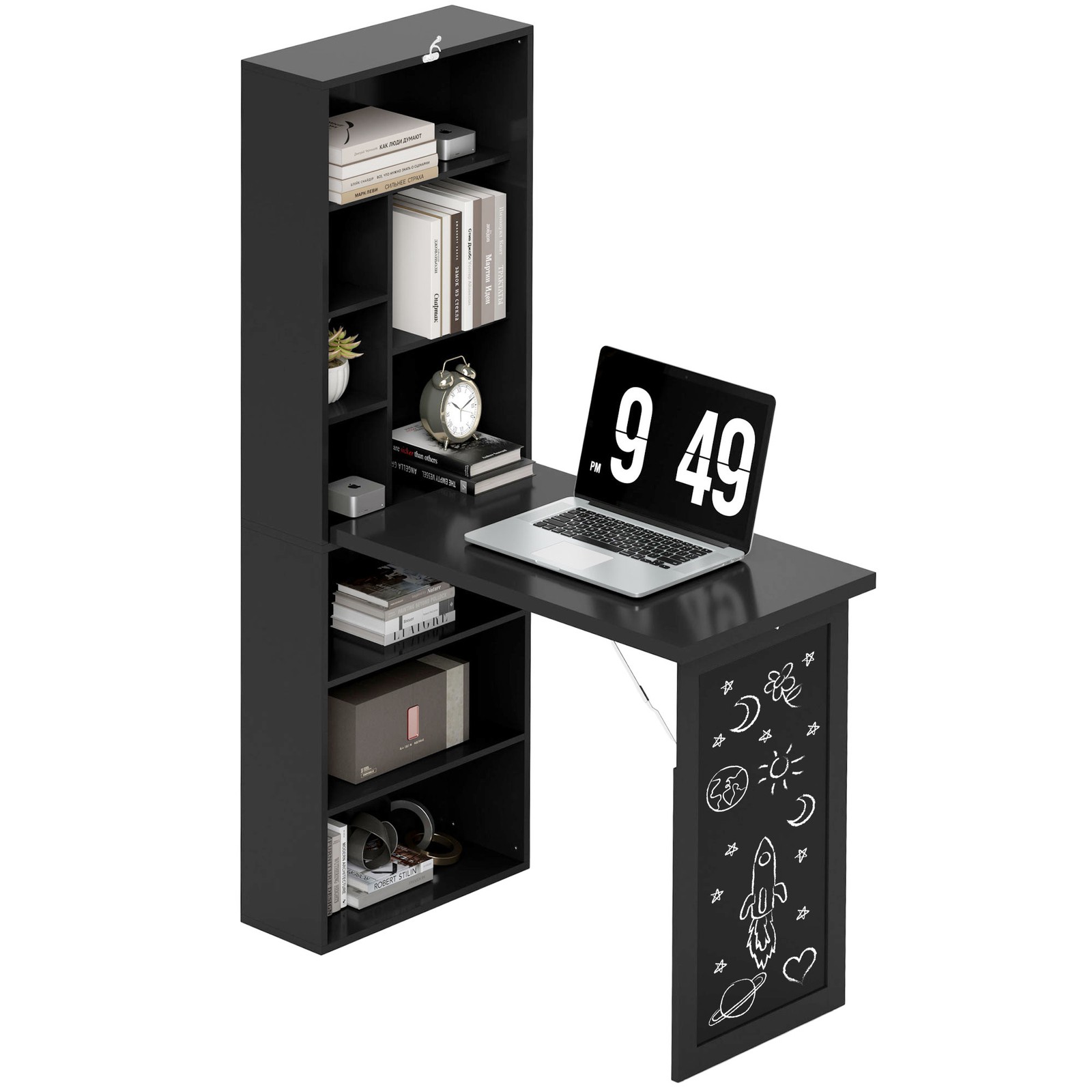 Convertible Desk with Blackboard & Shelf Multi-Function Table, Black