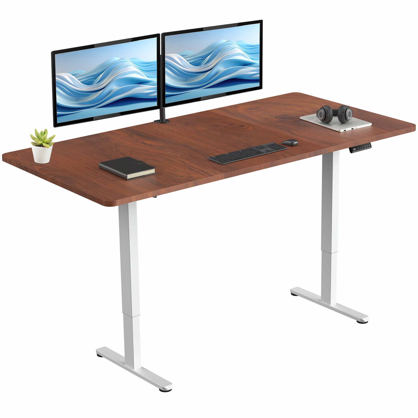VIVO Electric Dual Motor 71” x 36” Standing Desk, Dark Walnut Top, White Frame