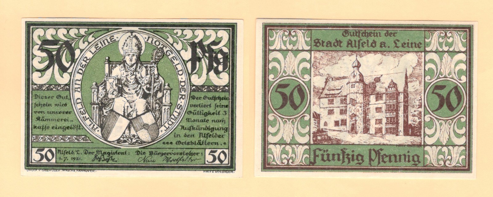 German Serienscheine Notgeld 1921 { Alfeld  50 Pfennig } # L 11 / GrM 11.1