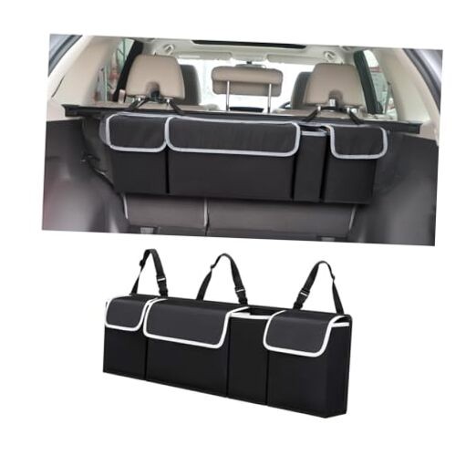 Car Trunk Organizer with Lid, Backseat Hanging Storage Bag with 4 Pockets & 3