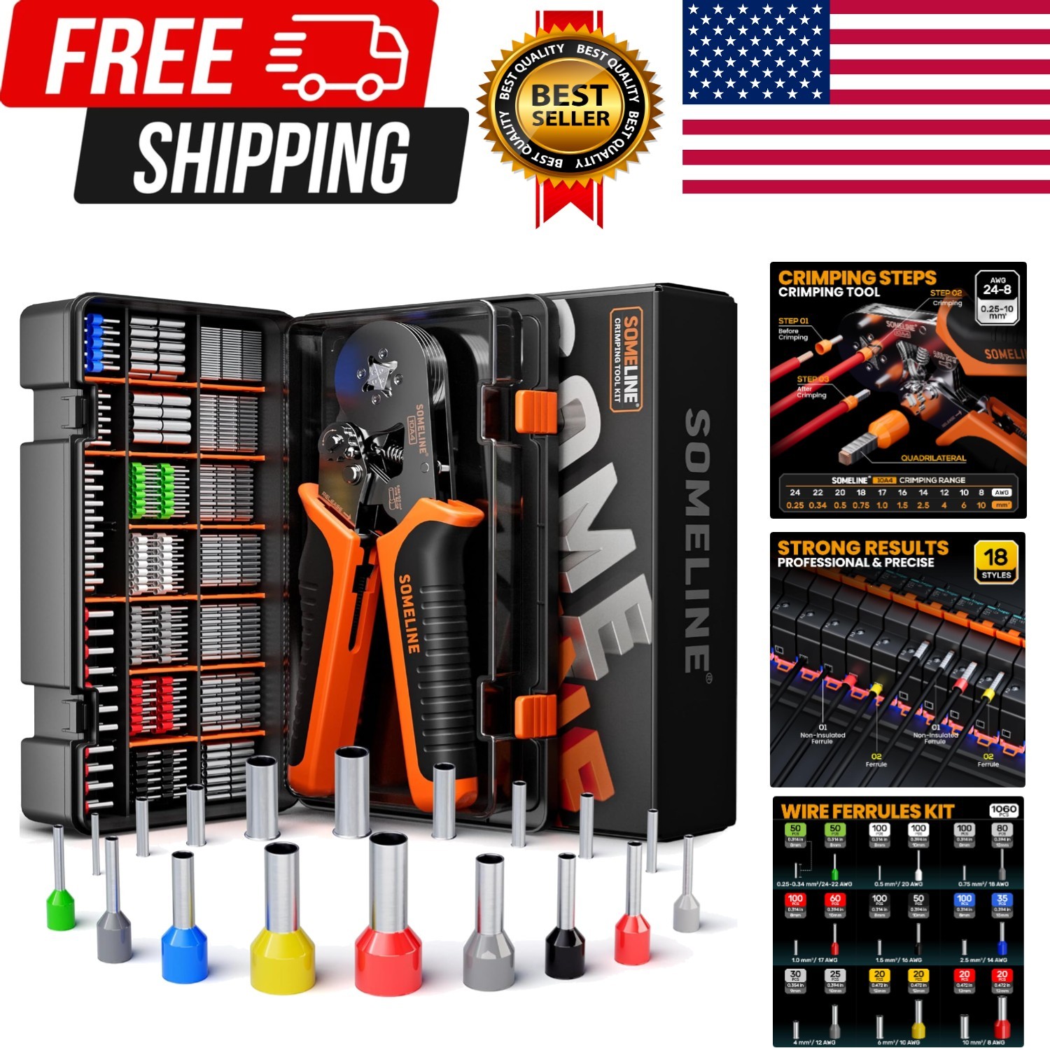 Ferrule Crimping Tool Kit, Self-Adjusting Pliers for Wire Ferrules AWG 24-8, ...