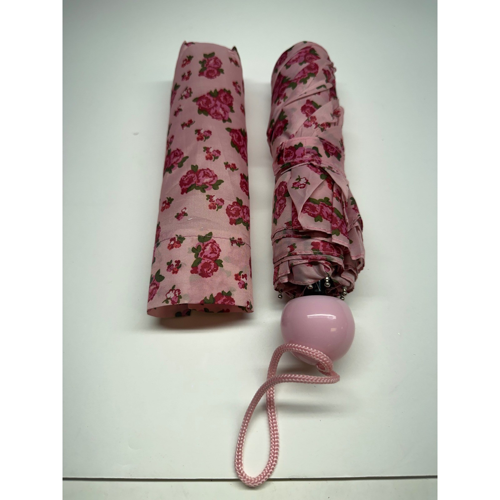 Vintage Pink Floral Rose Print Compact Travel Umbrella with Sleeve NWT