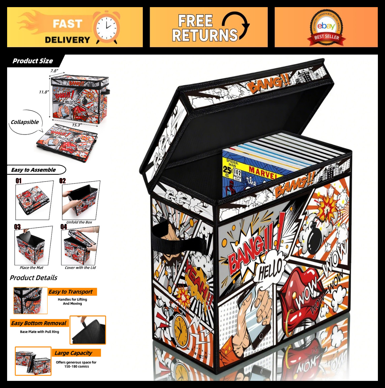 Large Comic Book Storage Box, 15.3" x 7.8" x 11.8", Collapsible Organizer with L