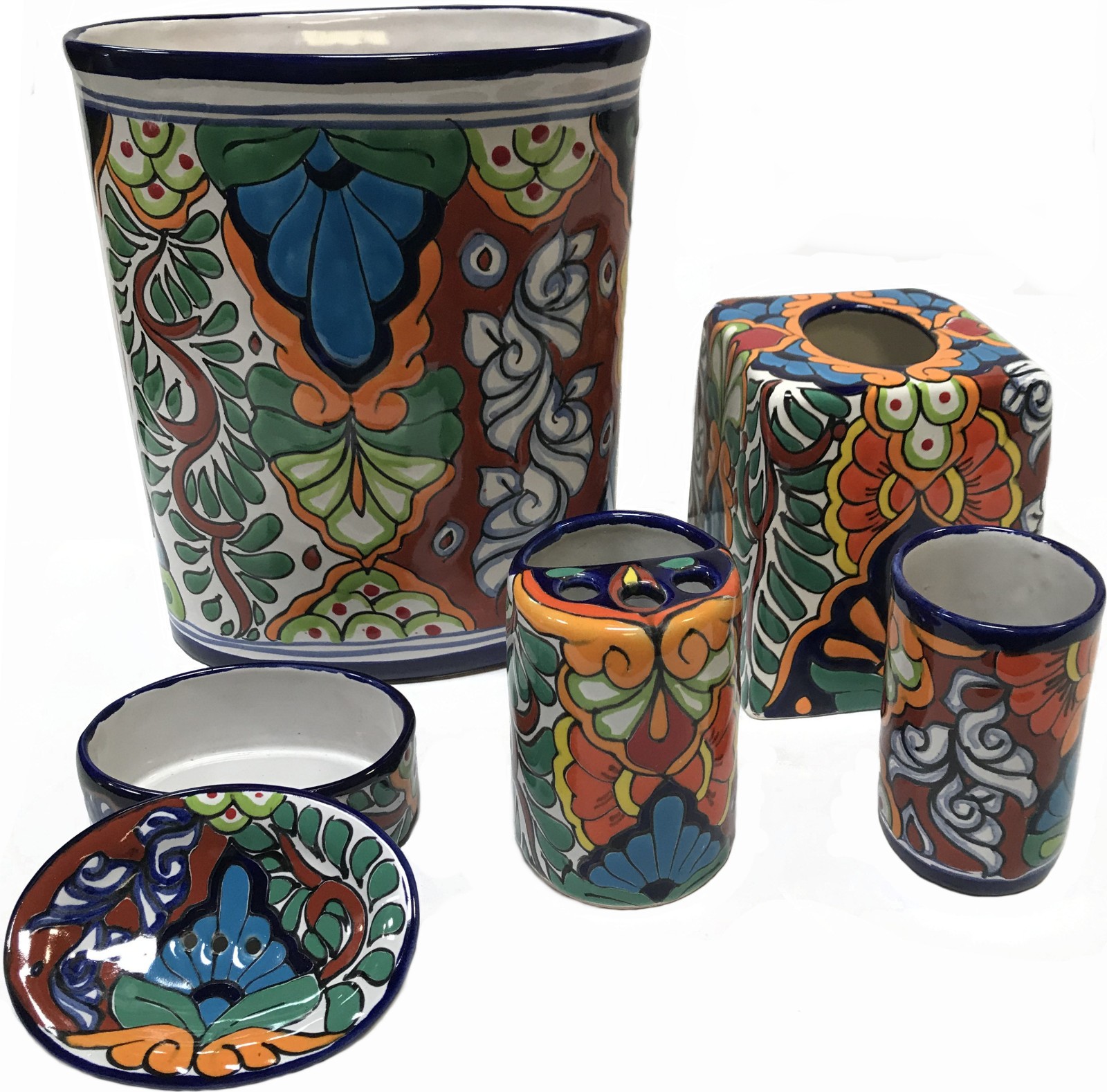 5 Pcs Mexican Talavera Ceramic Multicolor Bathroom Accesories Set. Free Shipping