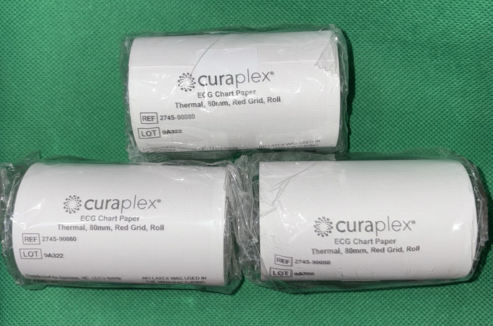 Lot of 3 CuraPlex ECG Chart Paper Rolls Thermal 80mm Red Grid 2745-90080