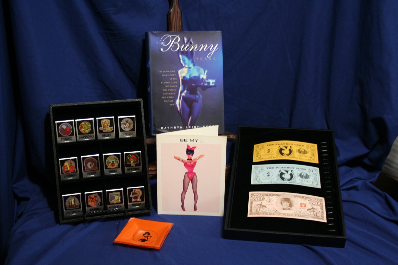 Playboy Bunnies, Femlin ashtray, Playboy Club matchbooks, Playboy Money & Card