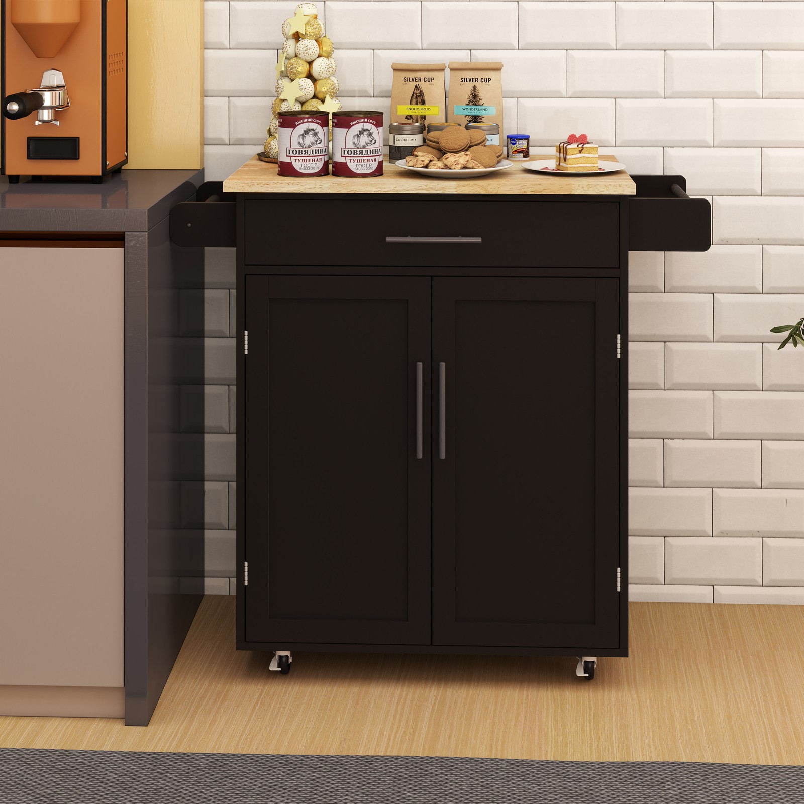 Kitchen island rolling trolley cart with 1 drawer & 2 doors with Adjustable Sh