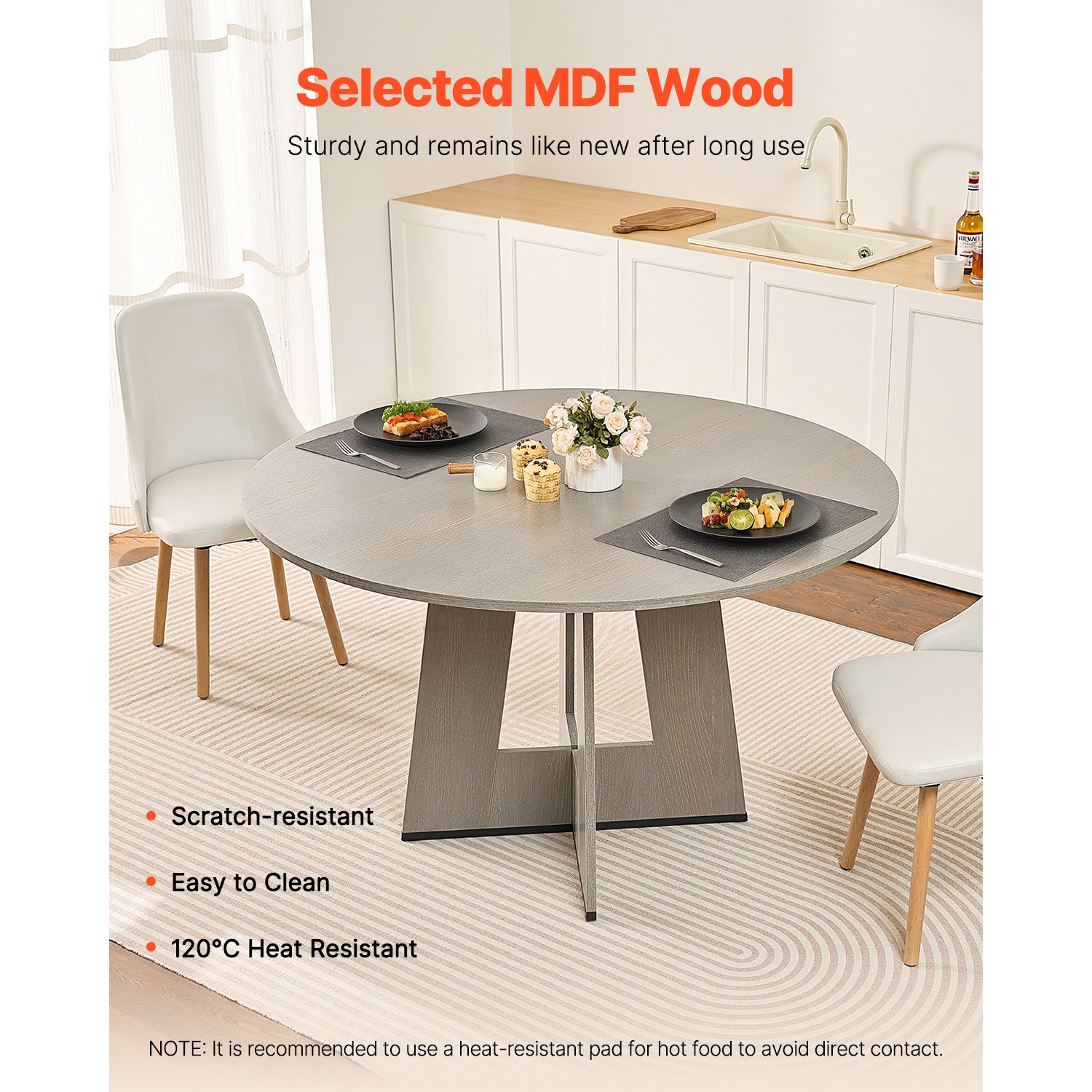47 in Round Dining Table Wood Kitchen Table for 4-6 Person Grey (Only Table)