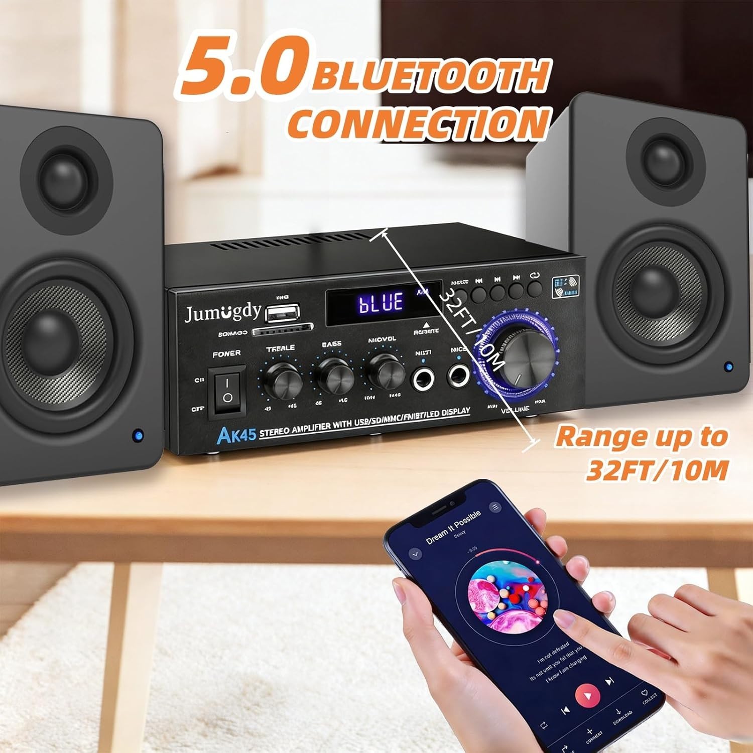 Compact 800W Stereo Receiver & Amplifier with Bluetooth, FM Radio & USB Inputs